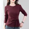 Camisa base de veludo canelado para mulheres, peça de outono de manga longa, T-shirt modeladora e versátil, top irregular estiloso que afina a cintura