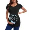 EU SOU UMA MENINA MENINO Azul Rosa Estampa de Letras Estilo Cravo Vestido de Maternidade Estilo Europeu e Americano Top Camiseta