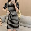 Vestido de mujer con cuello polo a rayas, camiseta de punto de seda helada, suelto, adelgazante, informal, elegante, falda corta antiedad.