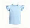 Camiseta infantil de manga curta com babados, novo estilo de verão, blusa infantil de gola redonda com manga tipo asa de borboleta, camiseta básica lisa para bebê, roupas infantis
