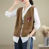 Chaleco de punto 100% algodón para mujer, nuevo de principios de otoño 2024, vintage, artístico, versátil, sin mangas, cuello en V, prenda de abrigo