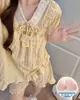 Pijama de Algodón Nube para Mujer en Verano con Almohadillas en el Pecho, Ribete de Encaje, Pantalón Corto de Manga Corta, Conjunto Dulce Casual de Ropa para el Hogar Estilo Coreano