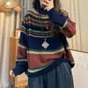 Suéter de malha de algodão com gola alta meia-calça, espessado para aquecimento, listrado de manga longa, suéter feminino retro de caimento solto para outono/inverno 2025