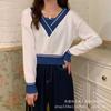 Outono e Inverno Japonês Falso Duas Peças Combinação de Cores Suéter Curto Suéter Tricotado Top de Manga Comprida Estilo Suave Feminino para Estudantes