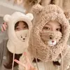 Chapéu e Cachecol de Urso Fofo Tudo-em-Um Feminino de Inverno para Ciclismo Proteção de Orelha Quente Máscara de Pelúcia Espessada Cachecol de Pescoço com Capuz