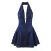Ropa de mujer al por mayor transfronteriza 2026 Estilo francés dulce y picante vestido ajustado ceñido a la cintura con espalda descubierta y cuello halter fruncido