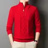 Popular suéter de malha masculino com zíper e gola alta, padrão jacquard, peça de roupa de lã grossa e quente de cor sólida de alta qualidade para homens de meia-idade