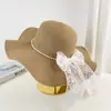 Chapéu de Palha com Laço de Pérola e Aba Larga para Mulheres, Chapéu de Sol de Verão, Chapéu para Férias na Praia, Chapéu de Pescador com Proteção UV
