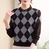 Suéter de punto argyle estilo universitario para mujer, de mediana edad y ancianas, cuello redondo, manga larga, holgado, estilo mamá, primavera y otoño, top de temperamento elegante