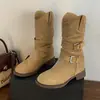 Botas Rademei, botins, botas de cowboy retrô, design plissado, coleção feminina 2026, couro com fivela, couro macio, marrom, estilo fogueira, estilo western
