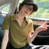 Camiseta tipo Polo de Algodón Puro Color Caramelo Manga Corta Cuello en V para Mujer Sencilla de Verano Adelgazante Favorecedora Hombro Normal Estilo Camiseta Top de Media Manga