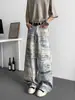 Jeans Anchos Lavados Retro de Calle de Alta Resistencia con Pintura al Óleo 3D para Hombres y Mujeres, Pantalones Rectos Sueltos de Estilo Americano de Moda