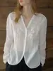 Blusa de Encaje Transparente con Bordado Francés de Lino 100% Cuello en V 2026Ss