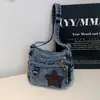 Bolso Bandolera Nuevo de Mezclilla Lavada Vintage Personalizado con Estrella para Mujer, Bolso de Hombro Sencillo Artístico Casual con Múltiples Bolsillos