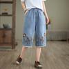 Estilo Verano 2025 Estilo Fresco Dibujo Animado Bordado Cintura Elástica Pantalones Vaqueros para Mujer de Cinco Puntos Seis Puntos