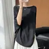 Camiseta de punto fina de seda helada, estilo francés de alta gama, con escote de una línea y media manga, para mujer, Verano 2026, Top holgado y fresco