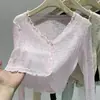 Cárdigan de punto fino con volantes y manga larga para mujer, protección solar de verano, chal de punto, top corto elegante, camisa para aire acondicionado
