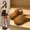 Sapatos femininos fechados na frente, sem cadarço e com sola grossa, adornados com fivelas de metal, estilo mule preguiçoso, sola plataforma para altura adicional, design retrô para uso ao ar livre