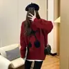 Estilo coreano outono e inverno Novo suéter jacquard fofo de cereja feminino estilo preguiçoso solto design de nicho suéter de gola redonda