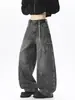 Jeans de hombre estilo americano, patchwork deconstruido, dobladillo curvo, pantalones rectos casuales lavados para otoño, pantalones anchos holgados de moda