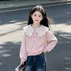 Sudadera dulce, alegre y adorable con cuello de muñeca, nueva colección primavera/otoño, pantalones de mezclilla de moda con corbata de lazo, conjunto de dos piezas para niños mayores