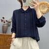 Camisa de Algodão Puro com Renda Bordada Vazada Dupla Camada Cor Sólida Estilo Francês para Mulheres, Top Bordado com Renda de Manga Longa, Camisa Básica, Algodão Puro