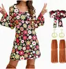 Halloween 2026 Amazon Disfraz de Hippie de los 80 para Actuación Vestido Estampado Retro Conjunto de Dos Piezas con Pañuelo