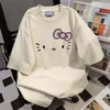 Camiseta de Manga Corta con Estampado de Gatito Estilo Universitario Dulce Verano Oversize Holgada Nicho Superior Blanco para Mujer