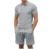 Camiseta Polo de Manga Corta Lisa para Hombre con Cuello y Botones, Pantalones Cortos Deportivos Casuales con Cordón, Conjunto de Dos Piezas