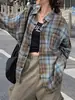 Camisa de Manga Longa Xadrez Retrô Americana para Mulheres, Novo Estilo Primavera e Outono, Estilo Preguiçoso, Blusa Cardigan Solta de Comprimento Médio para Casal