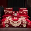 Conjunto de quatro peças para casamento, 100% algodão, festivo, design de dragão e fênix, roupa de cama de algodão puro para casamentos, recém-casados e casais recém-casados, com capa de edredom vermelho vibrante