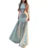 Vestido de Patchwork de Malla Verde para Mujer, Nuevo Estilo de Verano, Elegante y Deslumbrante, Sensación de Alta Gama, Escote Asimétrico, Hombro Descubierto, Largo Línea A