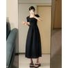 Vestido Preto Quadrado Francês Popular do Douyin para Mulheres Baixas, Saia Longa de Verão de Alta Qualidade Slim