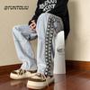 Jeans com Fita Masculino Primavera & Outono Novo Calças Americanas de Rua Retrô Calças de Perna Larga Comprimento Chão Marca de Moda High Street Ins