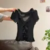 Conjunto de Verão Estilo Coreano de Alta Qualidade com Decote em V, Babados e Acabamento de Orelha de Madeira, Top de Tricô de Manga Curta para Mulheres, Camiseta Top que Realça o Ambiente e Emagrece, Pure Desire
