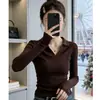 Suéter de tricô com gola polo estilo retrô francês de manga longa para mulheres, novo modelo de inverno 2025, top elegante e que afina a silhueta, moderno