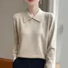 Camiseta básica de punto con cuello polo para otoño e invierno para mujer, suéter pullover casual holgado de manga larga con un diseño elegante