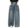 Foto Real de Pantalones Vaqueros Anchos de Pierna Suelta, Cintura Elástica, Versátiles, Casuales, Adelgazantes, para Mujer de Tallas Grandes