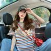 Camiseta de Algodón Puro con Parches de Encaje Rayado de Alta Resistencia para Mujer, Top Holgado de Moda Estilo Europeo Oversize que Cubre el Vientre