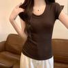 Camiseta Rosa Choque de Gola Redonda de Cor Pura de Manga Curta para Mulheres 2025 Verão Fina Estilo Pure Lust Top Curto Slim Ins