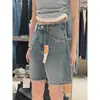 Shorts de Mezclilla Azules Rasgados para Mujer, Estilo Delgado de Verano, Tallas Grandes, Cintura Alta, Adelgazantes, Cuerpo Forma de Pera, Shorts de Cinco Puntos Pierna Ancha de Longitud Media