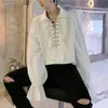 Camisa de Manga Larga con Cuello Retro de Puño Fruncido y Cordón para Hombre y Mujer Popular en Internet Europeo y Americano Distintiva Camisa de Corte Moderna