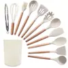 Espátula de Silicone com Cabo de Madeira em Estoque Conjunto de 12 Peças Espátula de Silicone Antiaderente Colher de Sopa Resistente a Altas Temperaturas Conjunto de Utensílios de Cozinha de Silicone Doméstico