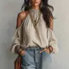 Blusa Feminina de Gola Alta sem Alças, Ombro a Ombro, Outono 2026, Estilo Vintage Diário, Gola Alta Franzida, Mangas Longas Bufantes, Top para o Trabalho