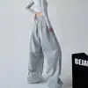 Calça de Moletom Cinza Feminina Estilo Americano 2026 para Primavera e Outono, Cintura Alta, Perna Reta, Caimento Solto, Calça Cargo Casual de Perna Larga