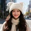 Gorro Cálido de Orejas de Gato con Borlas para Otoño e Invierno para Mujer, Gorro de Lana de Comercio Exterior Transfronterizo, Gorro Versátil para el Frío, Lindo Gorro de Punto para Estudiantes