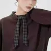 Suéter Pulóver Gris 2026 para Mujer Diseño a Cuadros con Lazos Cuello Redondo Holgado Hombros Caídos Top de Punto Atmósfera Otoño/Invierno