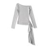 Camiseta Feminina Personalizada de Ombro Inclinado e Manga Comprida, Pura Lúxuria Sexy Elástica Slim Fit Bainha Assimétrica com Fita para Usar por Baixo