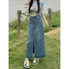 Falda de Mezclilla Vintage para Mujer, Nuevo Estilo Verano 2026, Cintura Alta, Corte Holgado, Línea A Adelgazante, Abertura, Corte Recto, Falda Bodycon