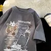 Camiseta Masculina de Manga Curta Pesada de Verão Nova Marca Tendência Retrô Americano Tops Soltos de Manga Meia para Adolescentes e Meninos